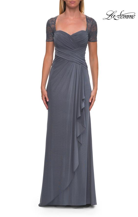 Picture of: Ruched Lace Bodice Gown with Draped Skirt in Slate, Style: 33161, Detail Picture 5