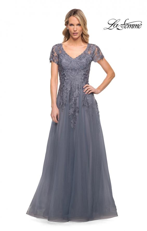 Picture of: Lace and Tulle A-line Evening Gown with Cap Sleeve in Blue, Style: 29164, Detail Picture 7