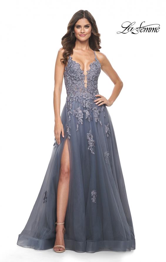 Picture of: Tulle A-line Dress with Jeweled Lace Appliques and Slit in Slate, Style: 31472, Main Picture