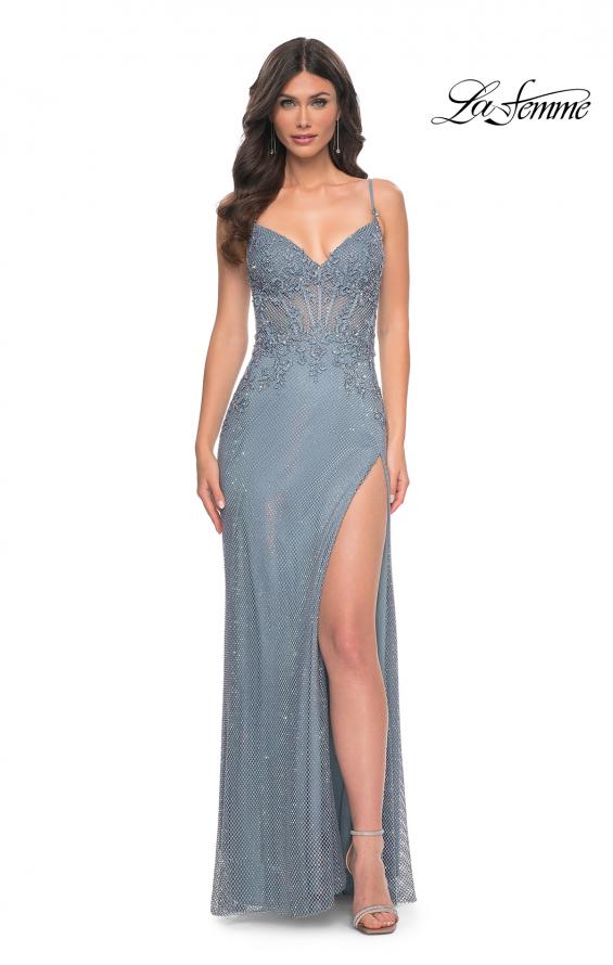 Picture of: Gorgeous Rhinestone Fishnet Gown with Lace Embellishments in Blue, Style: 32292, Detail Picture 9