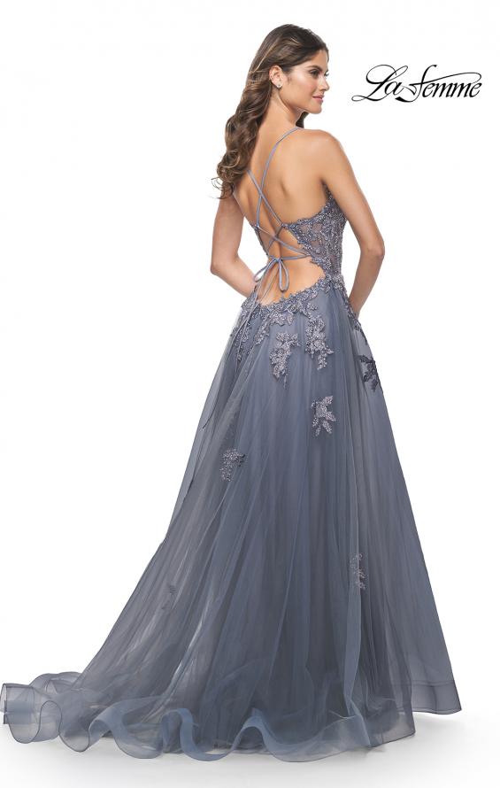 Picture of: Tulle A-line Dress with Jeweled Lace Appliques and Slit in Slate, Style: 31472, Back Picture