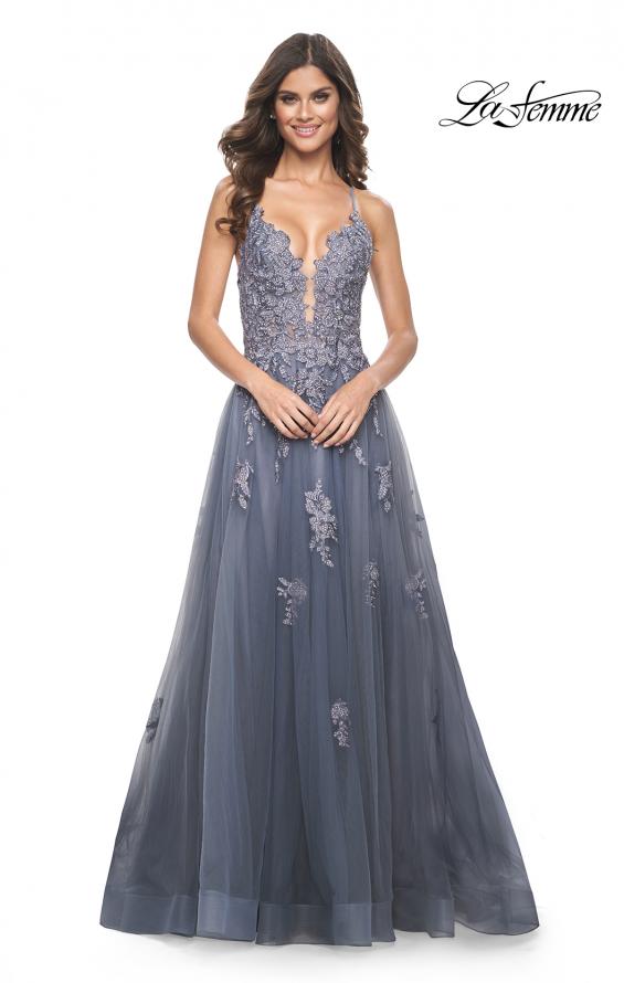 Picture of: Tulle A-line Dress with Jeweled Lace Appliques and Slit in Slate, Style: 31472, Detail Picture 1