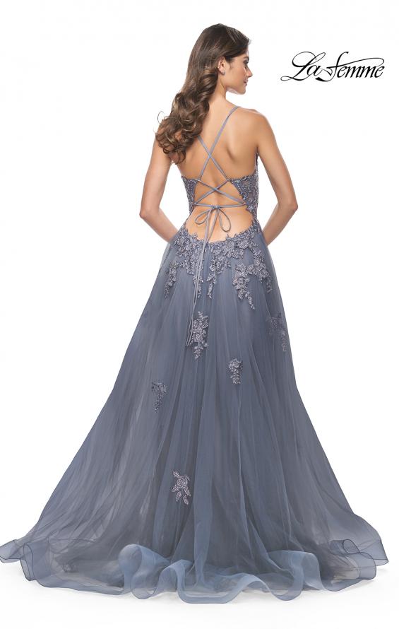 Picture of: Tulle A-line Dress with Jeweled Lace Appliques and Slit in Slate, Style: 31472, Detail Picture 2