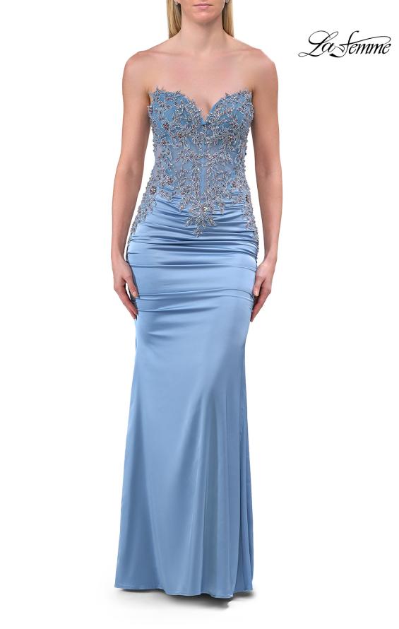 Picture of: Strapless Beaded Corset Gown with Ruching and Lace-Up Back in Slate, Style: 33765, Detail Picture 7