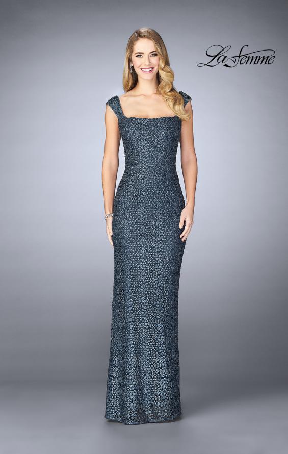 Picture of: Lace Evening Gown with Thick Straps and Beading in Slate Blue, Style: 24891, Detail Picture 1