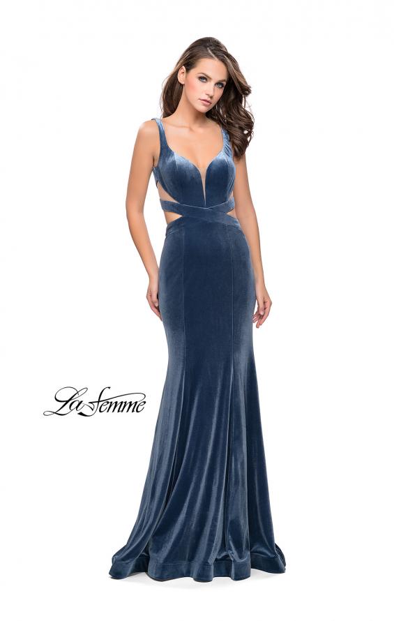 Picture of: Form Fitting Velvet Mermaid Gown with Side Cut Outs in Slate Blue, Style: 25866, Detail Picture 2