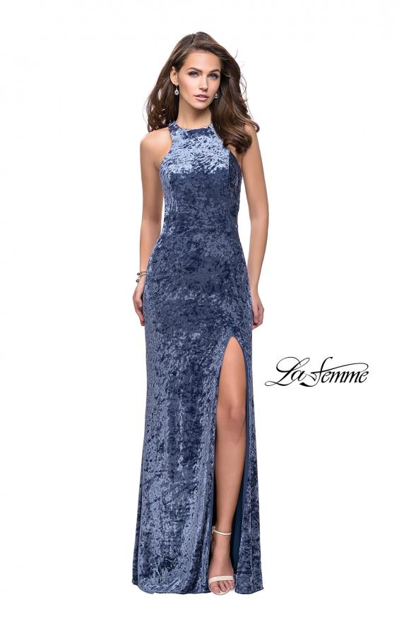 Picture of: Crushed Velvet Prom Dress with High Neckline and Leg Slit in Slate Blue, Style: 25734, Detail Picture 3