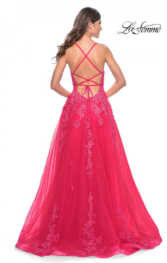 Picture of: Beautiful Lace Embellished A-Line Tulle Prom Dress with Deep V in Strawberry, Style: 32062, Detail Picture 9