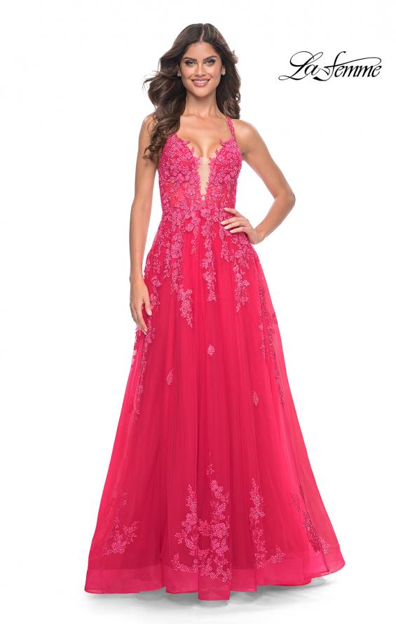Picture of: Beautiful Lace Embellished A-Line Tulle Prom Dress with Deep V in Strawberry, Style: 32062, Detail Picture 17