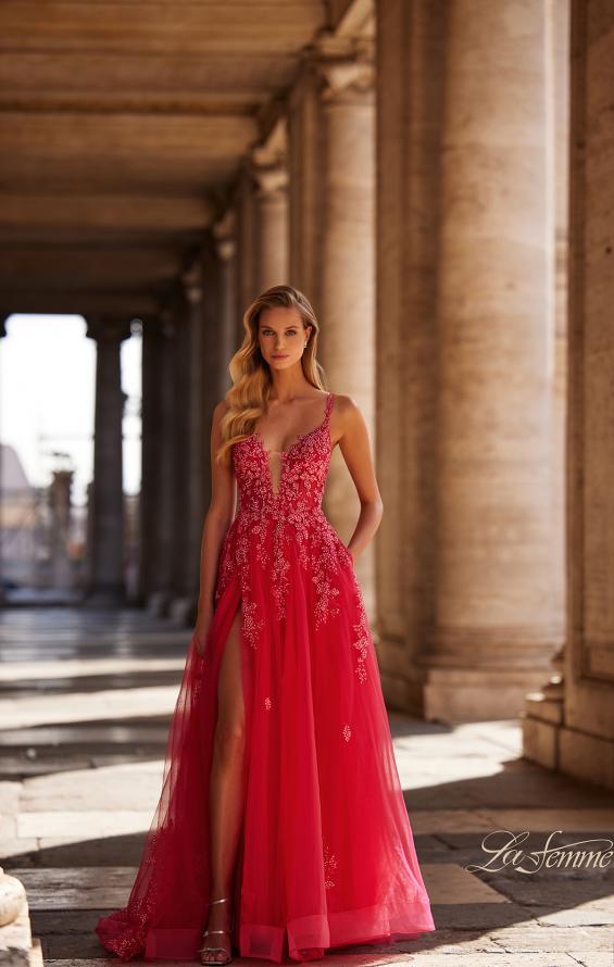 Picture of: Beautiful Lace Embellished A-Line Tulle Prom Dress with Deep V in Strawberry, Style: 32062, Detail Picture 2