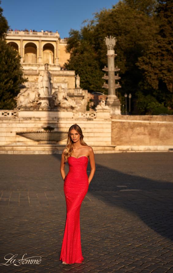 Picture of: Rhinestone Embellished Jersey Dress with Strapless Sweetheart Top in Strawberry, Style: 31945, Detail Picture 2