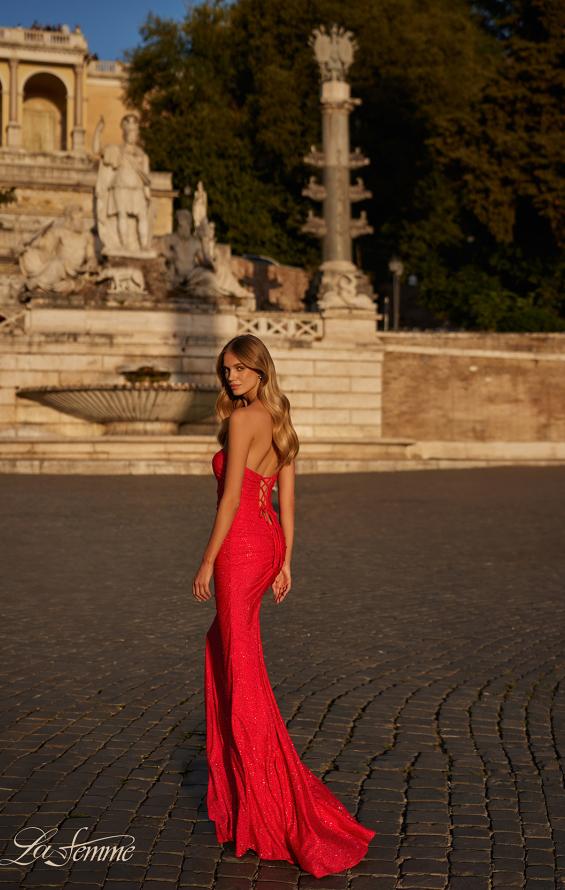 Picture of: Rhinestone Embellished Jersey Dress with Strapless Sweetheart Top in Strawberry, Style: 31945, Detail Picture 3