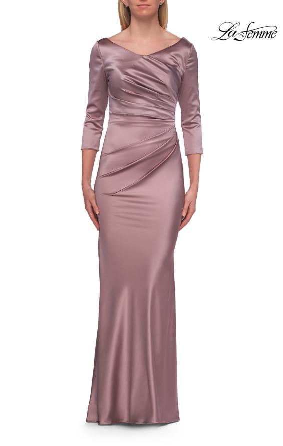 Picture of: Satin Three Quarter Sleeve Draped Evening Gown in Taupe, Style: 33408, Detail Picture 9