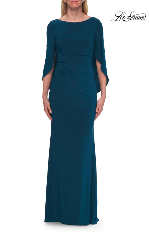 Picture of: Draped Cape Sleeve Jersey Gown with Ruched Bodice in Teal, Style: 33148, Detail Picture 10