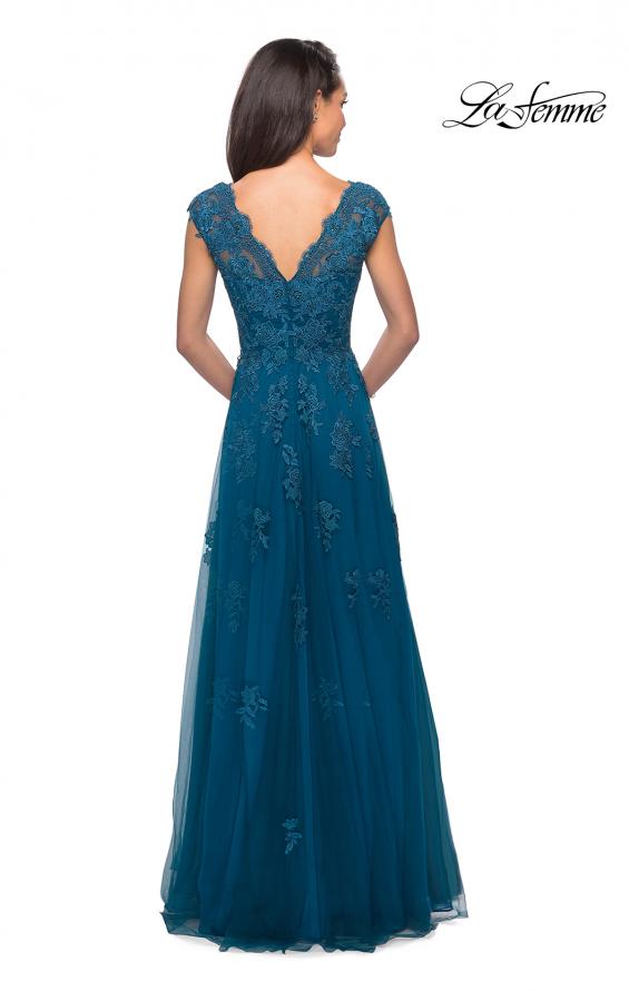 Picture of: Short Sleeve Lace Gown with Cascading Embellishments in Teal, Style: 26942, Detail Picture 6