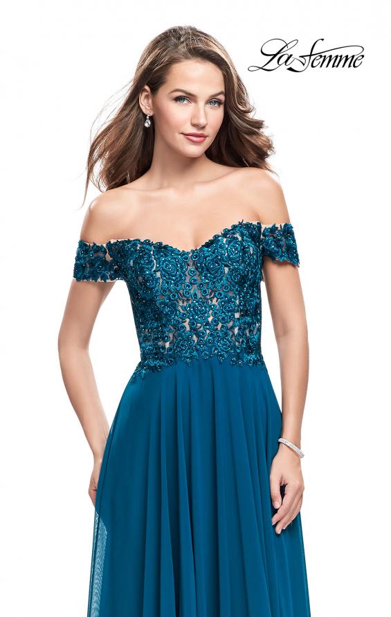 Picture of: Beaded Lace Off the Shoulder Prom Dress in Teal, Style: 26070, Main Picture