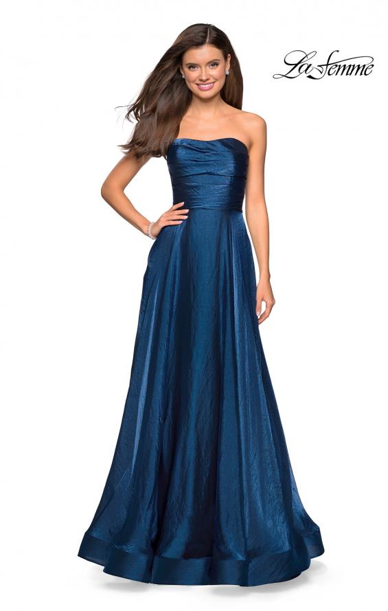 Picture of: Strapless Satin Gown with Ruching and Pockets in Teal, Style: 27130, Main Picture