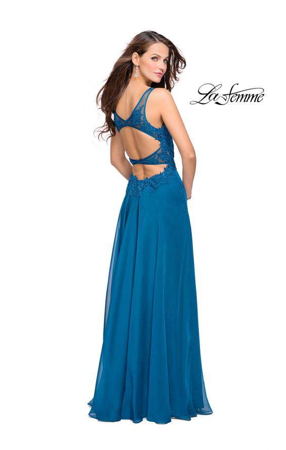 Picture of: Chiffon A-line Dress with Beaded Lace Bodice in Teal, Style: 26082, Back Picture