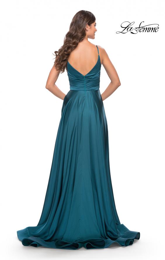 Picture of: A-Line Satin Gown with Ruched Bodice and V Neck in Teal, Style: 31505, Back Picture