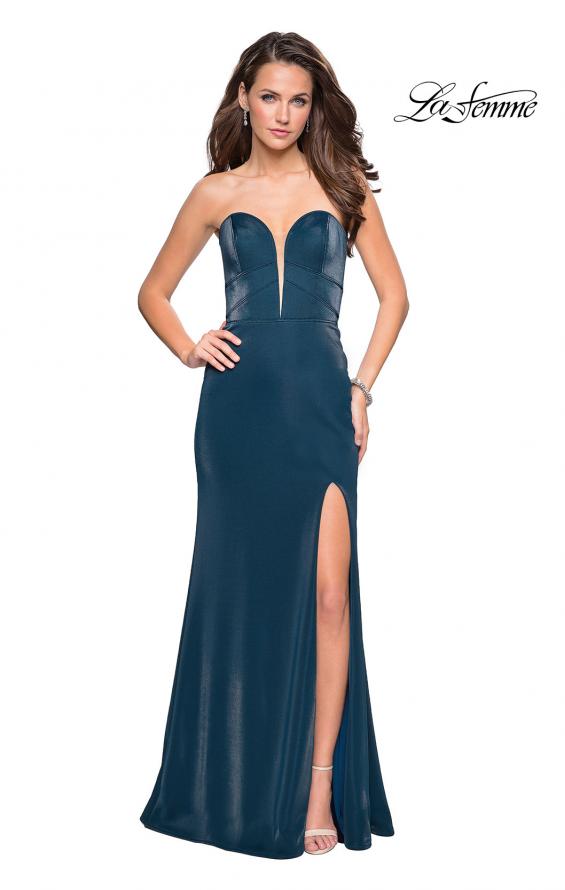 Picture of: Long Strapless Stretch Jersey Prom Dress in Teal, Style: 27051, Detail Picture 1