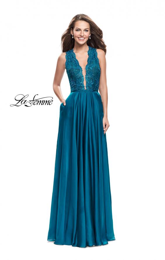 Picture of: Long A-line Dress with Chiffon Skirt and Strappy Details in Teal, Style: 25487, Detail Picture 2
