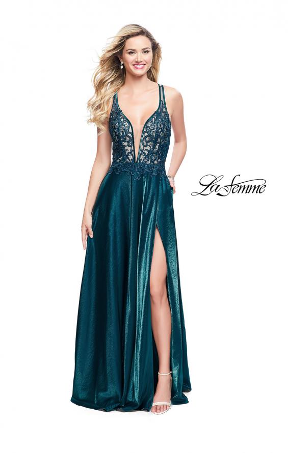 Picture of: Two Tone A-line Gown with Lace Bodice and Leg Slit in Teal, Style: 25907, Detail Picture 2