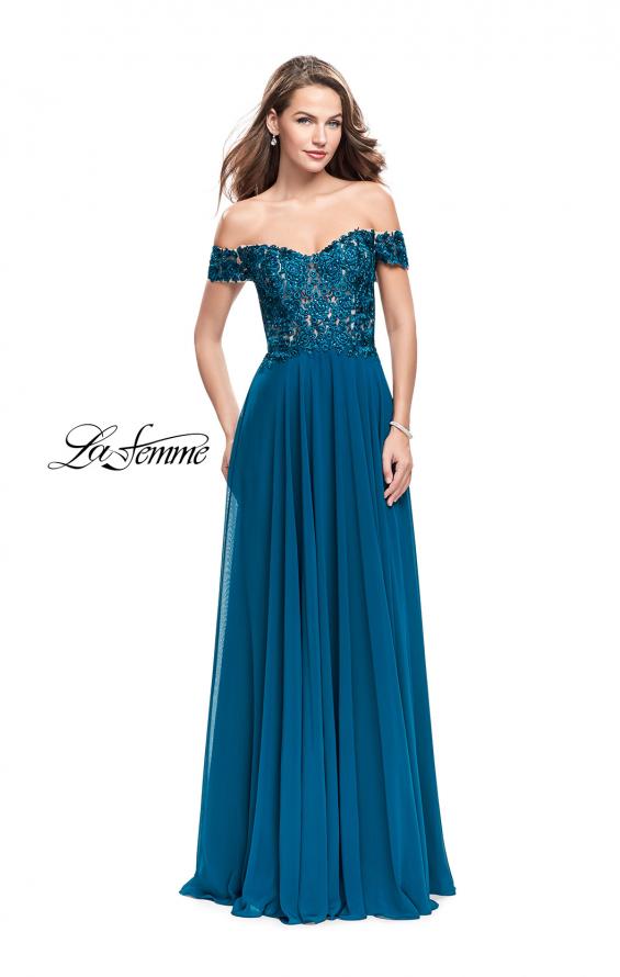 Picture of: Beaded Lace Off the Shoulder Prom Dress in Teal, Style: 26070, Detail Picture 2