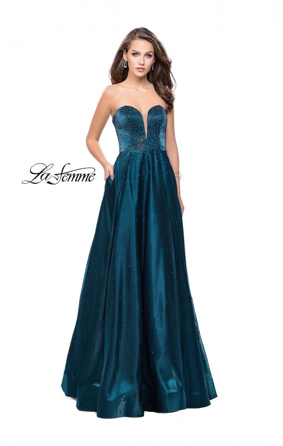 Picture of: Long Strapless Mikado Ball Gown with Beading in Teal, Style: 26104, Detail Picture 2
