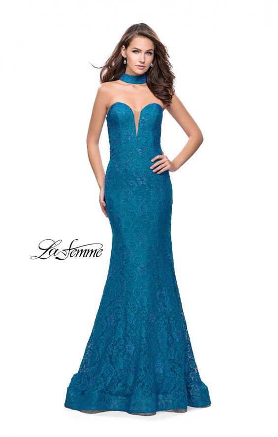 Picture of: Strapless Beaded Lace Mermaid Dress with T Back in Teal, Style: 26261, Detail Picture 2