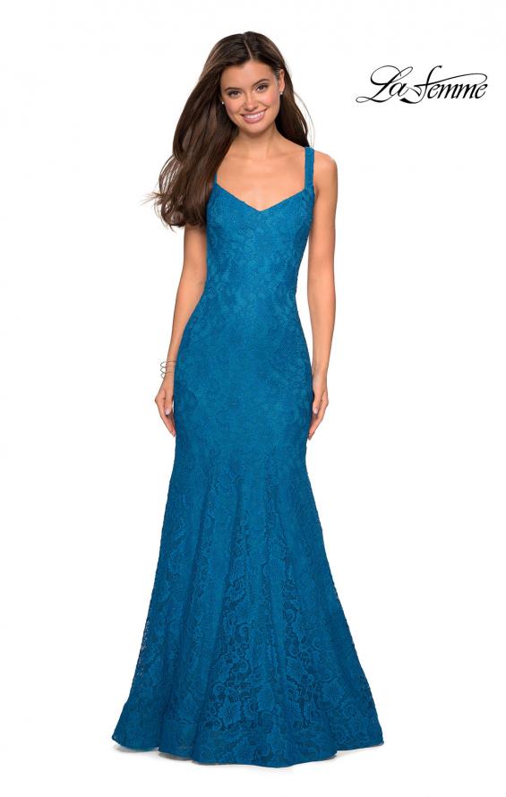 Picture of: Open Back Stretch Lace Long Prom Dress in Teal, Style: 27709, Detail Picture 2
