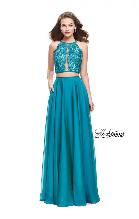 Picture of: Two Piece A-line Dress with Halter Neck and Beading in Teal, Style: 25843, Detail Picture 2