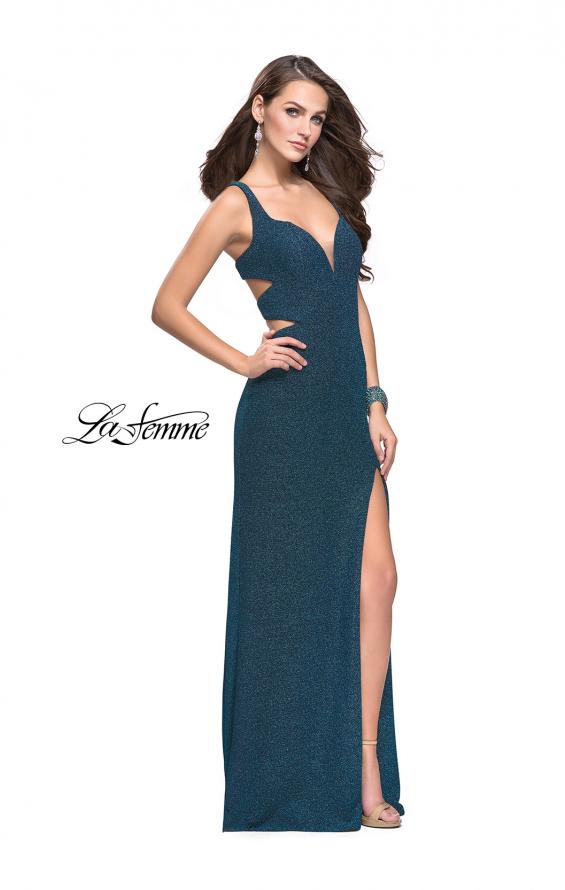 Picture of: Sparkly Jersey Prom Dress with Cut Outs and Side Leg Slit in Teal, Style: 25215, Detail Picture 5