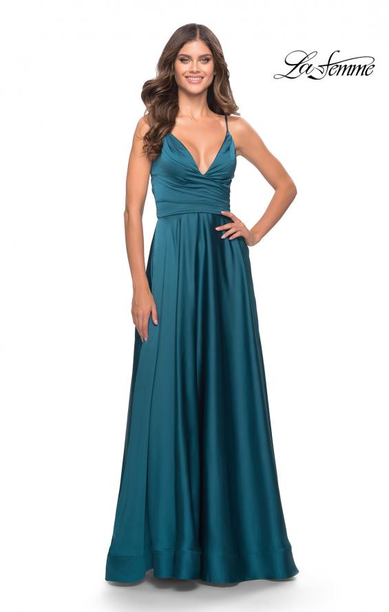 Picture of: A-Line Satin Gown with Ruched Bodice and V Neck in Teal, Style: 31505, Detail Picture 5