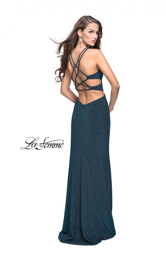 Picture of: Sparkly Jersey Prom Dress with Cut Outs and Side Leg Slit in Teal, Style: 25215, Detail Picture 6
