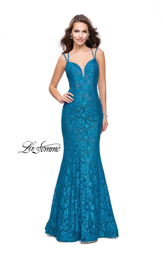 Picture of: Long Lace Mermaid Prom Dress with Double Straps in Teal, Style: 26043, Detail Picture 6
