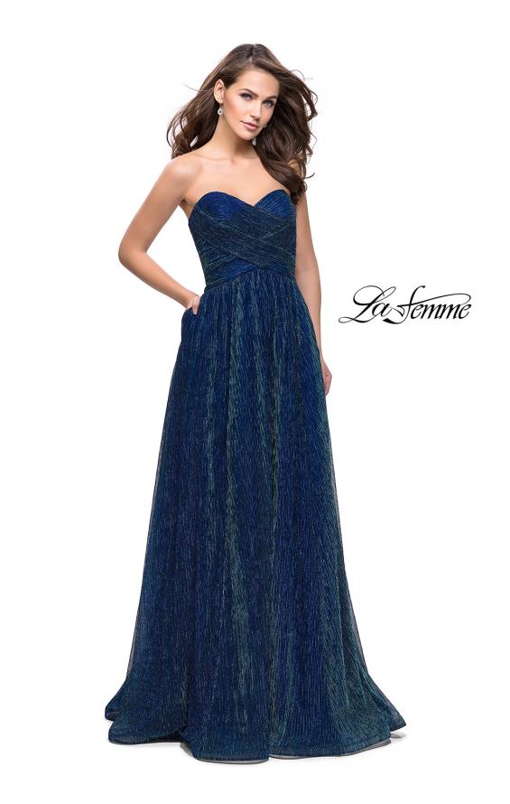 Picture of: Pleated Lame A-line Prom Dress with Ruched Bodice in Turquoise, Style: 25886, Main Picture