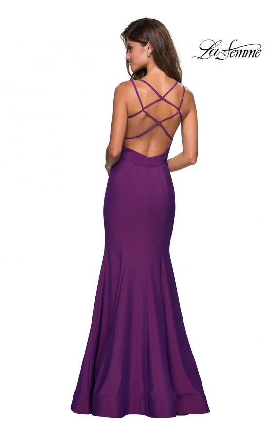 Picture of: Long Jersey Prom Gown with Open Strappy Back in Violet, Style: 27446, Back Picture