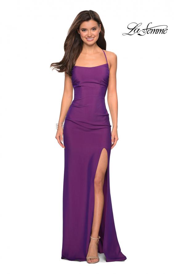 Picture of: Simple Long Jersey Dress with Slit and Ruching in Violet, Style: 27660, Detail Picture 5