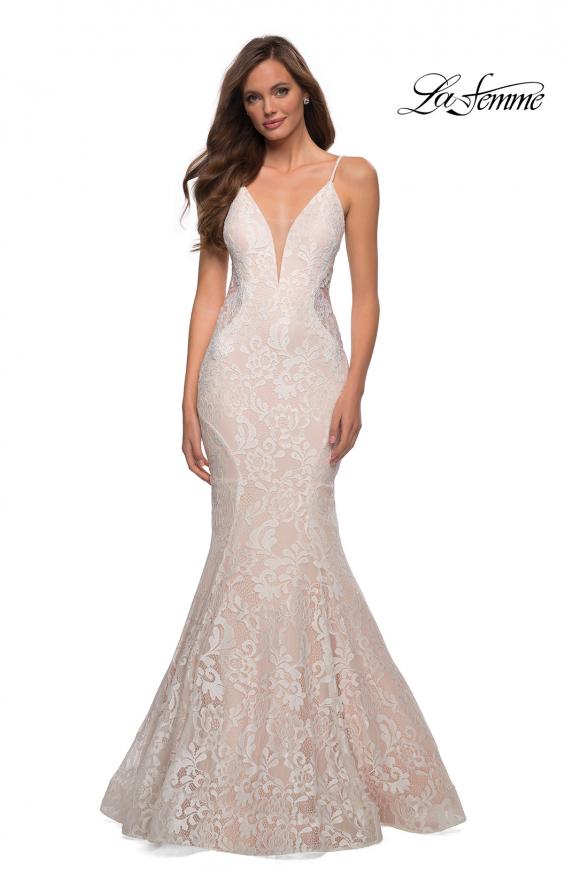 Picture of: Long Mermaid Lace Dress with Back Rhinestone Detail in White Blush, Style: 28355, Detail Picture 8