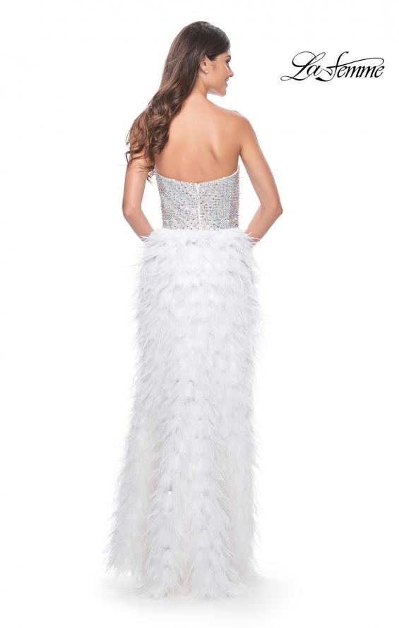 Picture of: Feather Prom Gown with High Slit and Full Rhinestone Strapless Bodice in White Feather, Style: 32165, Back Picture