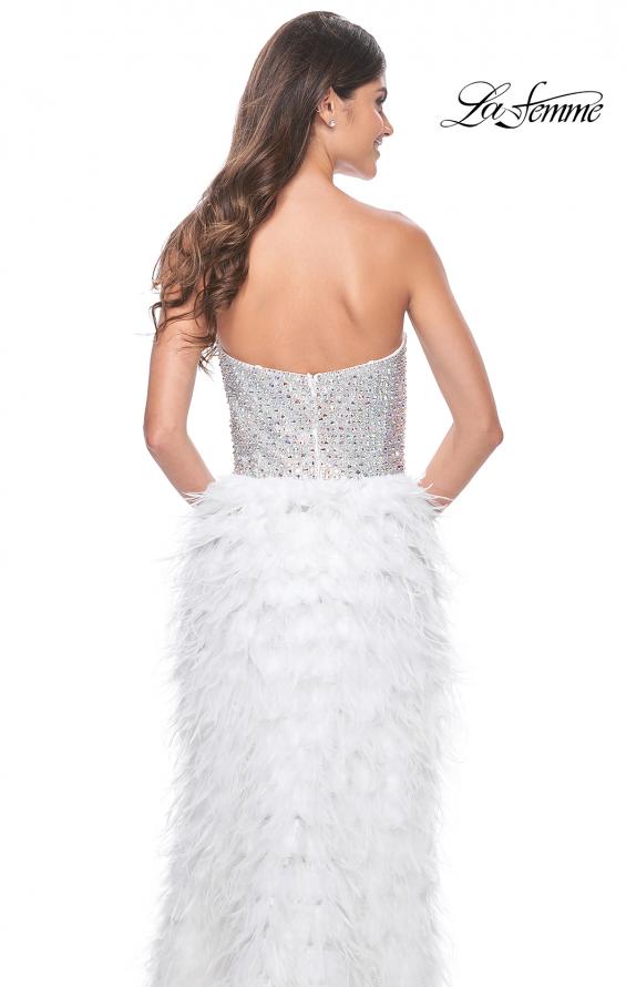 Picture of: Feather Prom Gown with High Slit and Full Rhinestone Strapless Bodice in White Feather, Style: 32165, Detail Picture 2