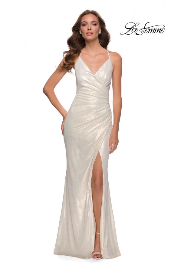 Picture of: Wrap Style Metallic Jersey Gown with Ruching in White Gold, Style 29707, Main Picture