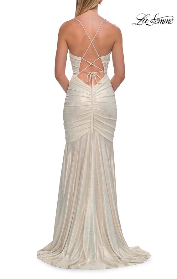 Picture of: Metallic Jersey Mermaid Gown with Draped Cowl Neckline and Lace-Up Back in White Gold, Style: 33412, Detail Picture 8