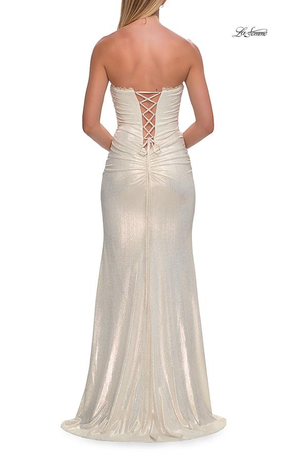 Picture of: Strapless Metallic Gown with Lace Trim and Lace-Up Back in White Gold, Style: 33418, Detail Picture 8