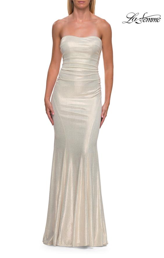 White Picture of: Strapless Metallic Jersey Gown with Ruching and Fitted Silhouette in White Gold, Style: 33424, Detail Picture 11