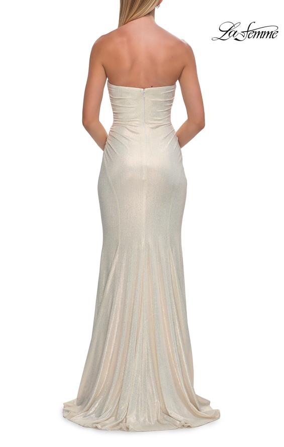 White Picture of: Strapless Metallic Jersey Gown with Ruching and Fitted Silhouette in White Gold, Style: 33424, Detail Picture 12