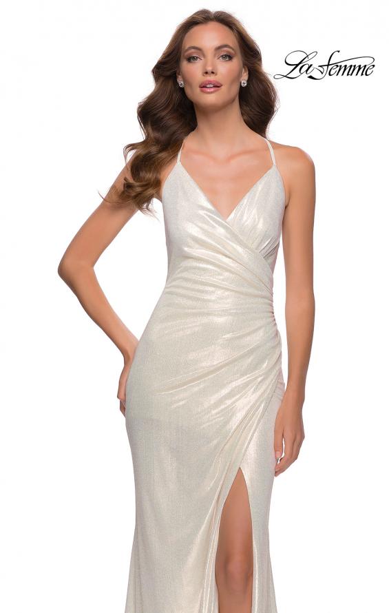 Picture of: Wrap Style Metallic Jersey Gown with Ruching in White Gold, Style 29707, Detail Picture 1