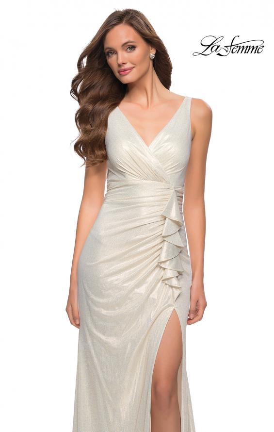 Picture of: Gorgeous Metallic Jersey Gown with Ruffle Detail in White Gold, Style 29759, Detail Picture 1