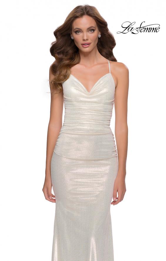 Picture of: Fitted Metallic Jersey Gown with Open Criss Cross Strappy Back in White, Style 29837, Detail Picture 1