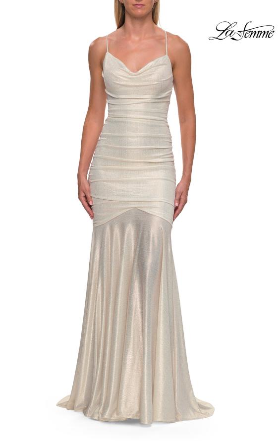 Picture of: Metallic Jersey Mermaid Gown with Draped Cowl Neckline and Lace-Up Back in White Gold, Style: 33412, Detail Picture 7